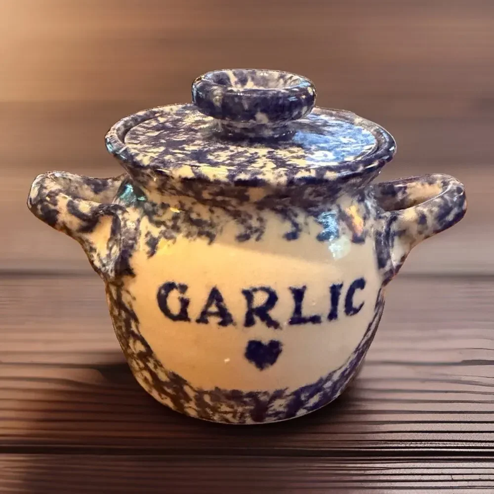 Vintage Hand Made Stoneware GARLIC KEEPER Jar Blue White Artist Signed 3820/68